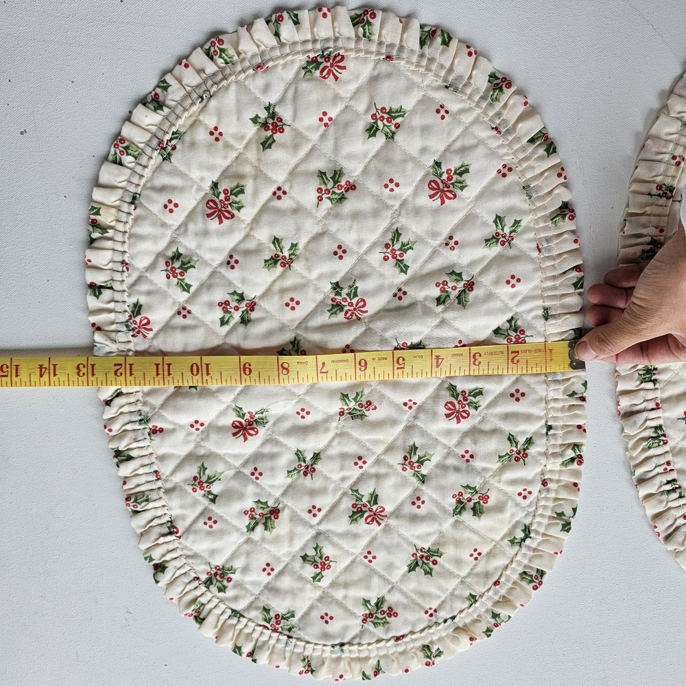1980s 1990s Quilted Oval Placemats 2 Set Holly Tree Bow Cottagecore Holiday #55 - Picture 9 of 9